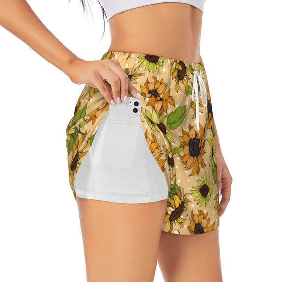 Goofa Sunflowers Printed Women 2 in 1 Running Shorts,Quick Dry Athletic Workout Shorts,High Waisted Athletic Shorts with Liner Pockets-Small