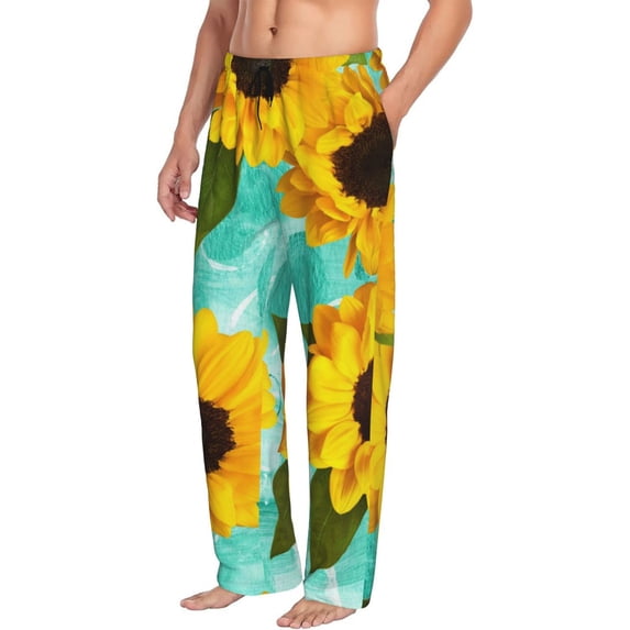 Goofa Sunflowers With Green Leaves Printed Soft Pajama Pants for Men, Wide Leg Comfy Casual Lounge Yoga Pants-Large