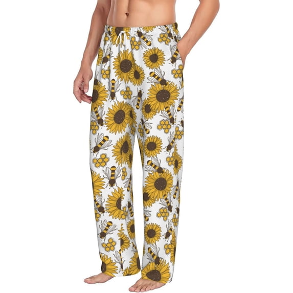 Goofa Sunflowers and Bees Printed Soft Pajama Pants for Men, Wide Leg Comfy Casual Lounge Yoga Pants-Medium