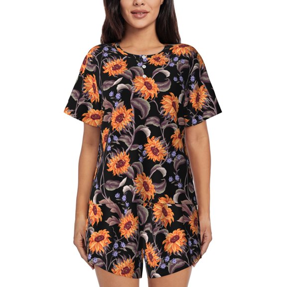 Goofa Sunflowers for Womens Cotton 2 Piece Pajamas Set Classic Short Sleeve Pjs Set Soft Button Down Sleepwear Loungewear-Small