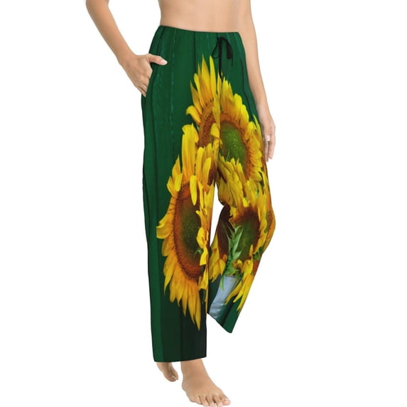 Goofa Sunflowers in Bucket Printed Soft Pajama Pants for Women, Wide Leg Comfy Casual Lounge Yoga Pants-