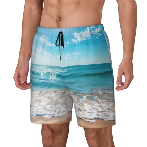 Goofa Sunny Ocean Waves Printed Men's Swim Trunks Board Shorts Quick Dry Mens Swimming Trunks with Compression Liner,Breathable Fit Hawaii Beach Shorts-Small