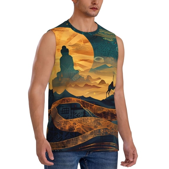 Goofa Sunset Desert Journey Printed Men's Sleeveless T-Shirt - Athletic Gym Workout Tank Top for Men - Moisture-Wicking, UPF 30+ Quick-Dry Muscle Tee-Large