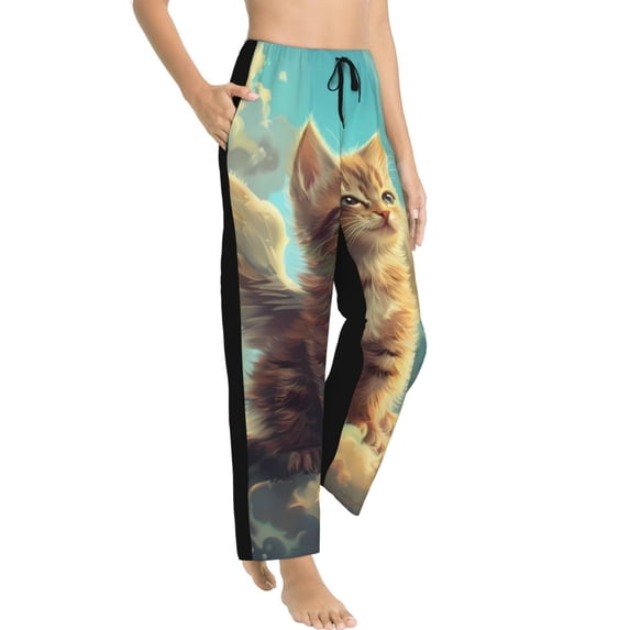 Goofa Sunshine Cloud Cute Cat Printed Soft Pajama Pants for Women, Wide Leg Comfy Casual Lounge Yoga Pants-X-Large