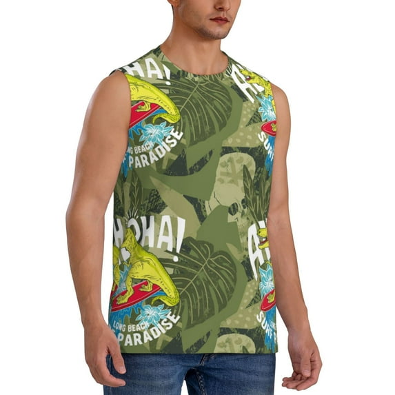 Goofa Surfing Dinosaur Printed Men's Sleeveless T-Shirt - Athletic Gym Workout Tank Top for Men - Moisture-Wicking, UPF 30+ Quick-Dry Muscle Tee-Large