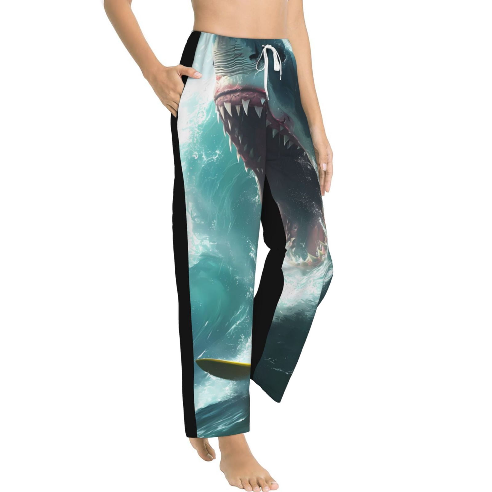 Goofa Surfing Shark Printed Soft Pajama Pants for Women, Wide Leg Comfy ...