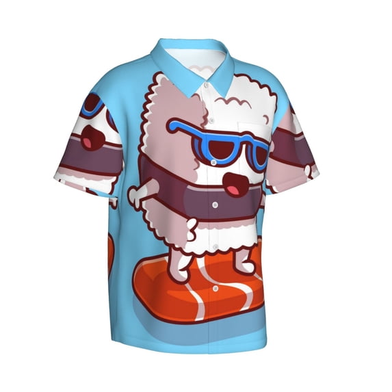 Goofa Sushi Salmon Surfing Hawaiian Shirt for Men, Unisex Summer Beach Casual Short Sleeve Button Down Shirts,Aloha Tropical Floral print shirt-Small
