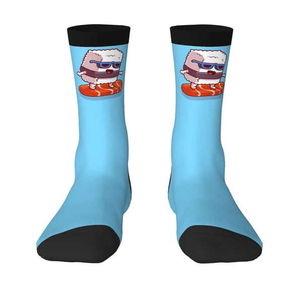 Goofa Sushi Salmon Surfing Printed Men's Crew Socks, Soft Durable Breathable Moisture-Wicking with Odor Control Cotton socks