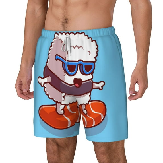 Goofa Sushi Salmon Surfing Printed Men's Swim Trunks Board Shorts Quick Dry Mens Swimming Trunks with Compression Liner,Breathable Fit Hawaii Beach Shorts-Large