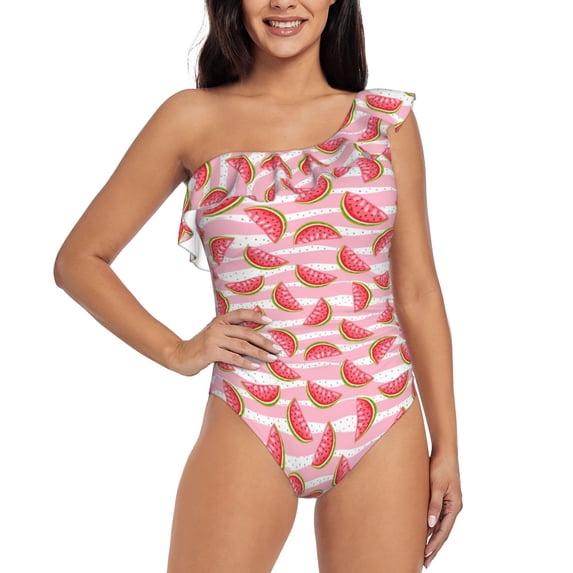 Goofa Sweet Watermelon Pattern Women's One Piece Swimsuits Tummy Control Bathing Suits Asymmetric One Shoulder Swimwear-X-Large