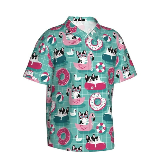 Goofa Swimming Bulldog Hawaiian Shirt for Men, Unisex Summer Beach Casual Short Sleeve Button Down Shirts,Aloha Tropical Floral print shirt-Small