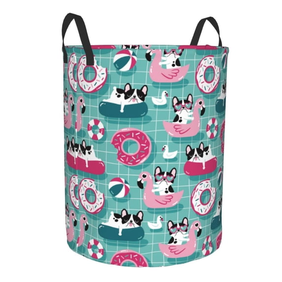 Goofa Swimming Bulldog Printed Circular Hamper,Laundry Basket with Handles,Storage Baskets Foldable,Large Capacity Laundry Hamper-Small