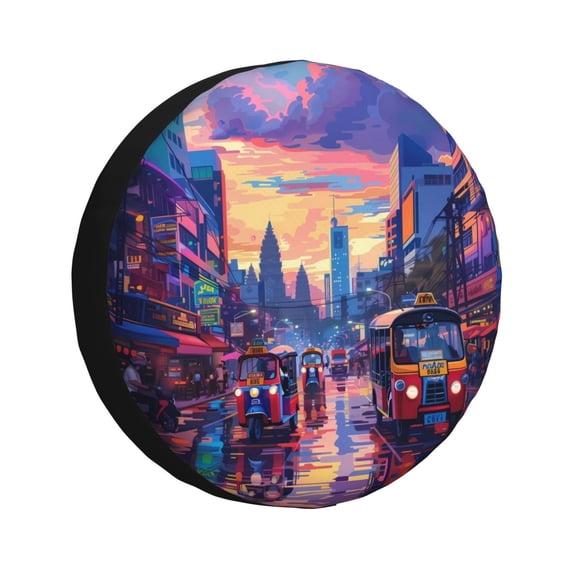 Goofa Taxi Colorful Town Pattern Universal Tire Cover for Jeep, SUV, Truck, and Trailer – Waterproof, UV-Resistant,Easy to Install, Fits 14"-17" Tires-16 inch