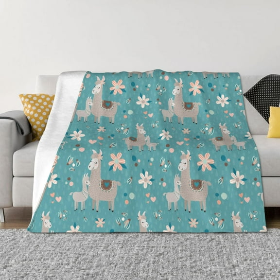 Goofa Teal Mama Llama Pattern Fleece Throw Blanket for Couch, Soft Checkered Flannel Blanket for Sofa, Warm Cozy Decorative Blanket Fall Decor Gift-40"x30"