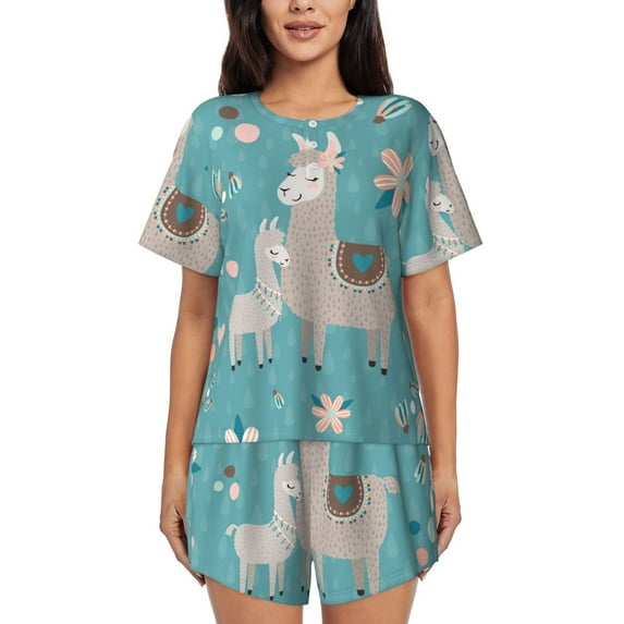 Goofa Teal Mama Llama for Womens Cotton 2 Piece Pajamas Set Classic Short Sleeve Pjs Set Soft Button Down Sleepwear Loungewear-XX-Large