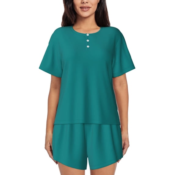 Goofa Teal for Womens Cotton 2 Piece Pajamas Set Classic Short Sleeve Pjs Set Soft Button Down Sleepwear Loungewear-Large