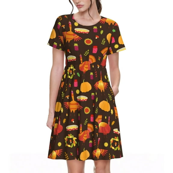 Goofa Thanksgiving Turkey Pattern Women Summer Short Sleeve Midi Dress with Pockets Casual Aline Flowy Tshirt Dress Vocation Beach Sundress