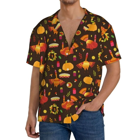Goofa Thanksgiving Turkey Printed Men's Casual Short-sleeved Shirt,Lightweight Breathable Button-down,Summer Casual men's top,Versatile Fashion shirt-Small