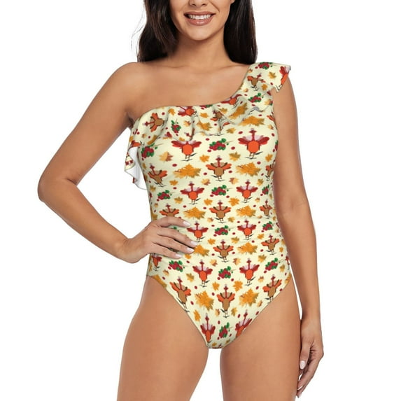 Goofa Thanksgiving Turkeys Pattern Women's One Piece Swimsuits Tummy Control Bathing Suits Asymmetric One Shoulder Swimwear-Large