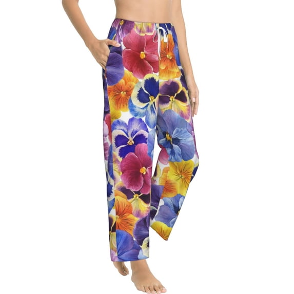 Goofa The Garden Tricolor Pansy Flower Printed Soft Pajama Pants for Women, Wide Leg Comfy Casual Lounge Yoga Pants-X-Large