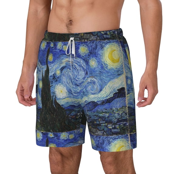 Goofa The Starry Night Printed Men's Swim Trunks Board Shorts Quick Dry Mens Swimming Trunks with Compression Liner,Breathable Fit Hawaii Beach Shorts-Large