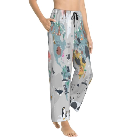 Goofa The World Map with Cartoon Animals Printed Soft Pajama Pants for Women, Wide Leg Comfy Casual Lounge Yoga Pants-X-Large
