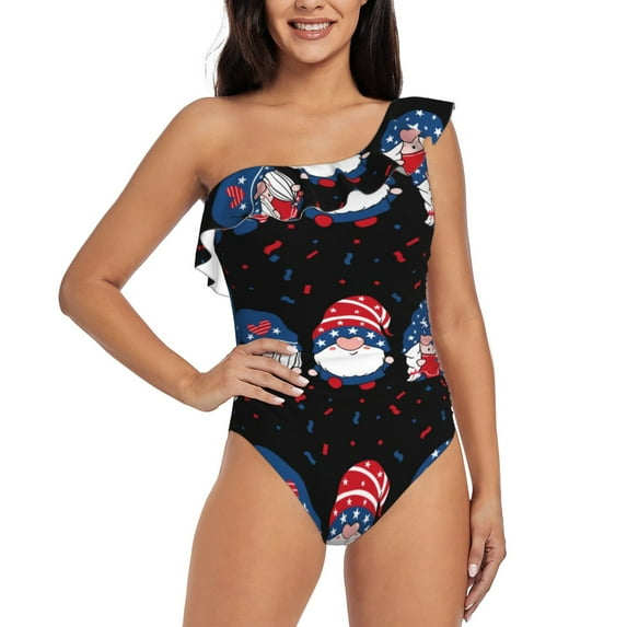 Goofa Three Gnome Independence Day Pattern Women's One Piece Swimsuits Tummy Control Bathing Suits Asymmetric One Shoulder Swimwear-Medium