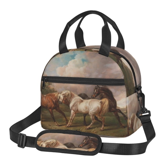 Goofa Three Horses Oil Painting Pattern Lunch Bag ,Insulated Lunch Box, Small Leakproof Cooler Food Lunch Containers Reusable High Capacity Lunch Tote Bags