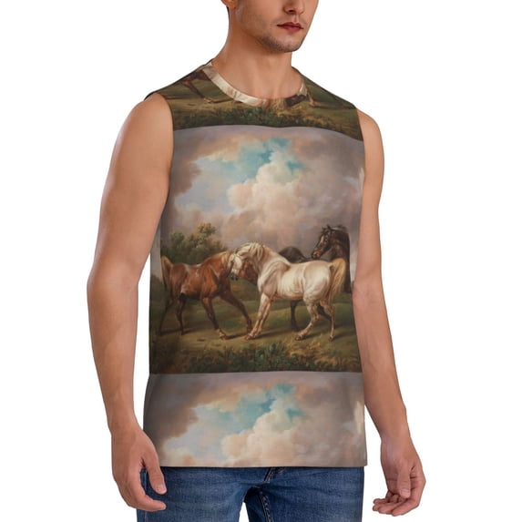 Goofa Three Horses Oil Painting Printed Men's Sleeveless T-Shirt - Athletic Gym Workout Tank Top for Men - Moisture-Wicking, UPF 30+ Quick-Dry Muscle Tee-Medium