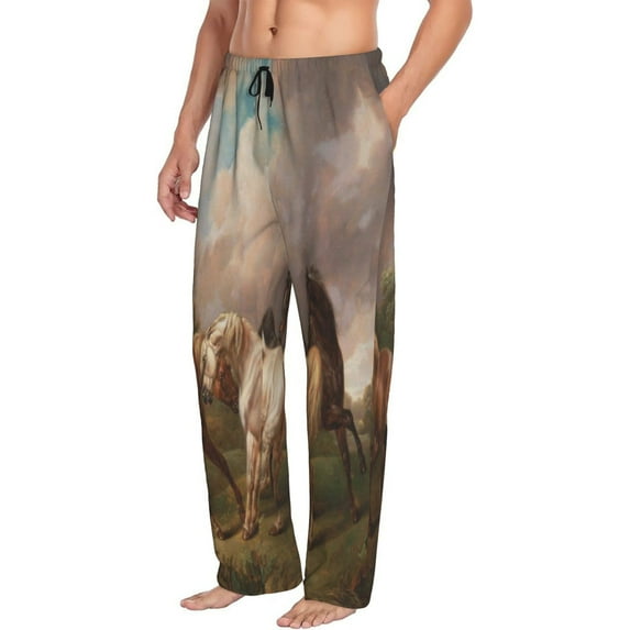 Goofa Three Horses Oil Painting Printed Soft Pajama Pants for Men, Wide Leg Comfy Casual Lounge Yoga Pants-Small
