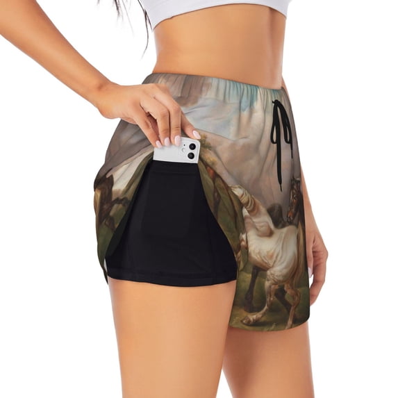 Goofa Three Horses Oil Painting Printed Women 2 in 1 Running Shorts,Quick Dry Athletic Workout Shorts,High Waisted Athletic Shorts with Liner Pockets-Large