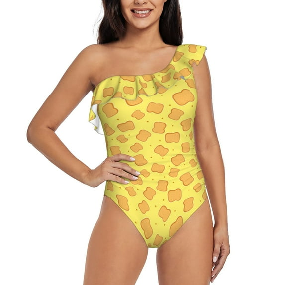 Goofa Toast Pattern Women's One Piece Swimsuits Tummy Control Bathing Suits Asymmetric One Shoulder Swimwear-X-Large