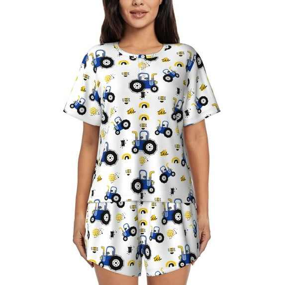 Goofa Tractor And Vehicle for Womens Cotton 2 Piece Pajamas Set Classic Short Sleeve Pjs Set Soft Button Down Sleepwear Loungewear-Medium