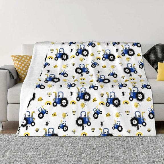 Goofa Tractor And Vehicle Pattern Fleece Throw Blanket for Couch, Soft Checkered Flannel Blanket for Sofa, Warm Cozy Decorative Blanket Fall Decor Gift-40"x30"