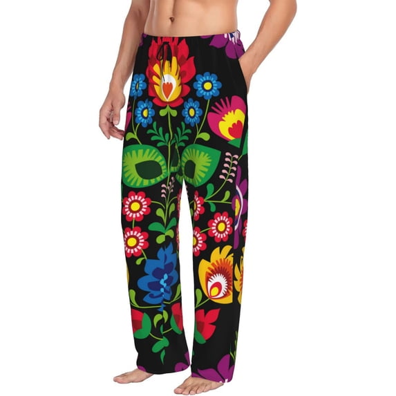 Goofa Traditional Floral Polish Printed Soft Pajama Pants for Men, Wide Leg Comfy Casual Lounge Yoga Pants-Large