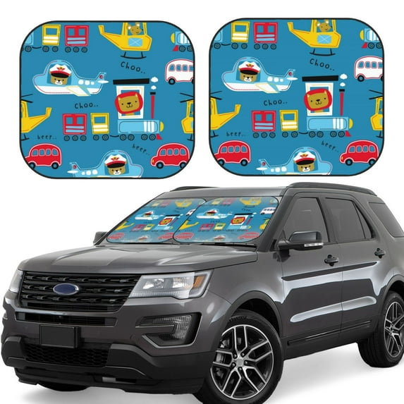 Goofa Transportations With Cute Animals Pattern 2 Piece Car Windshield Sun Shade Foldable | Front Windshield Shade for Sun, Heat and UV Rays | Sunshade for Car Front Window-Small