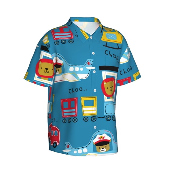 Goofa Transportations With Cute Animals Hawaiian Shirt for Men, Unisex Summer Beach Casual Short Sleeve Button Down Shirts,Aloha Tropical Floral print shirt-Medium