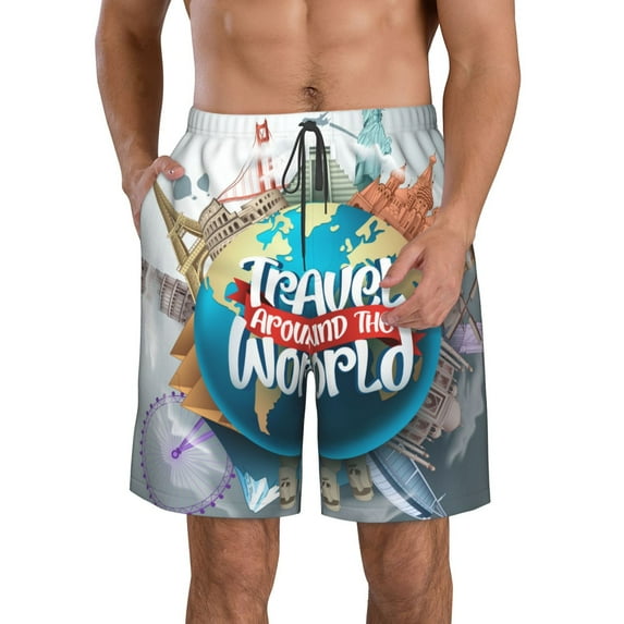 Goofa Travel Around The World Printed Mens Swim Trunks Summer Quick Dry Short Beach Swimwear Bathing Suits-