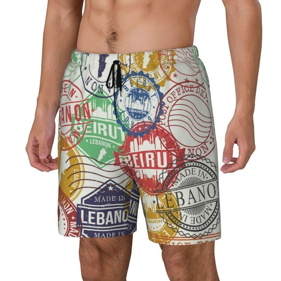 Goofa Travel Stamp Printed Men's Swim Trunks Board Shorts Quick Dry Mens Swimming Trunks with Compression Liner,Breathable Fit Hawaii Beach Shorts-3X-Large