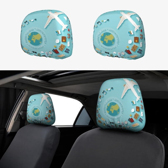 Goofa Travelling on Airplane Pattern 2 PCS Car Headrest Cover, Headrest Protector,Universal Interior Car Accessories