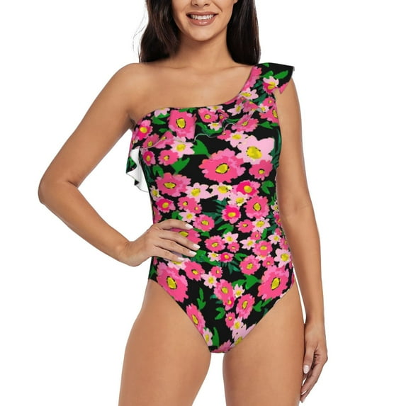 Goofa Trendy Floral Pattern Women's One Piece Swimsuits Tummy Control Bathing Suits Asymmetric One Shoulder Swimwear-Medium