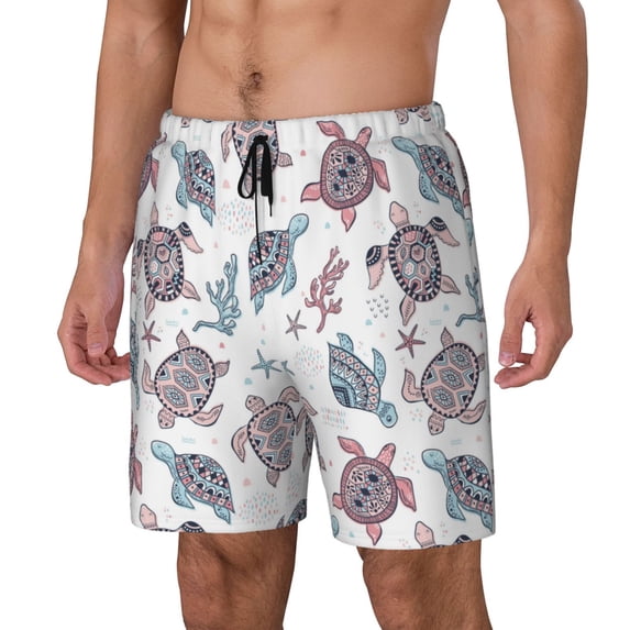 Goofa Tribal Style Turtle Printed Men's Swim Trunks Board Shorts Quick Dry Mens Swimming Trunks with Compression Liner,Breathable Fit Hawaii Beach Shorts-3X-Large
