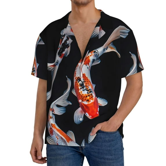Goofa Tricolor Koi Fish Trio Printed Men's Casual Short-sleeved Shirt,Lightweight Breathable Button-down,Summer Casual men's top,Versatile Fashion shirt-XX-Large