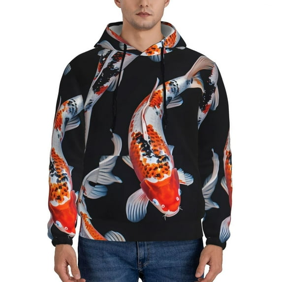 Goofa Tricolor Koi Fish Trio for Men's Hooded Sweatshirt - Lightweight Pullover Hoodie with Kangaroo Pocket, Perfect for Everyday Wear-Large