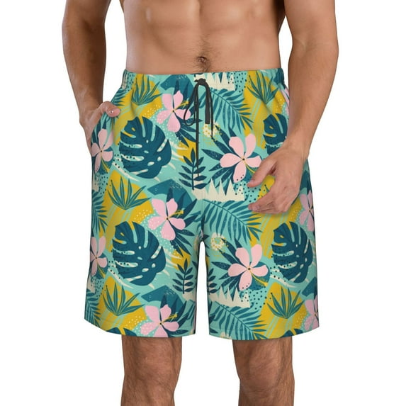 Goofa Tropical Floral Printed Mens Swim Trunks Summer Quick Dry Short Beach Swimwear Bathing Suits-Small