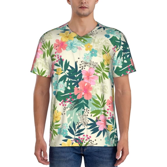 Goofa Tropical Flowers Pattern Mens Golf Shirt Baseball T-shirt Moisture Wicking Dry Fit Performance Sport Short Sleeve Striped Golf Polo Shirts-Small