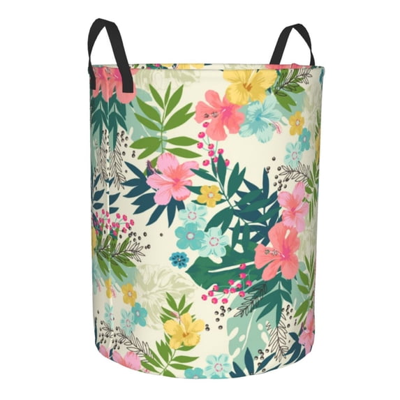 Goofa Tropical Flowers Printed Circular Hamper,Laundry Basket with Handles,Storage Baskets Foldable,Large Capacity Laundry Hamper-Medium