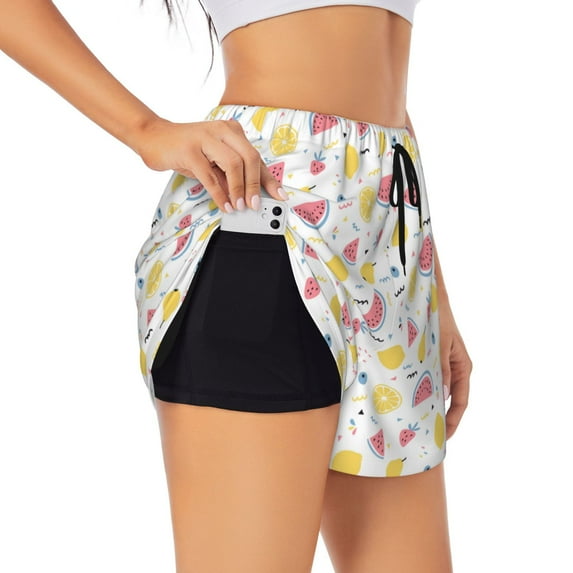 Goofa Tropical Fruit Printed Women 2 in 1 Running Shorts,Quick Dry Athletic Workout Shorts,High Waisted Athletic Shorts with Liner Pockets-Medium