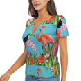 thumbnail image 1 of Goofa Tropical Jungle Flamingo Pattern Womens Deep V Neck Low Cut Tops Casual Summer Short Sleeve Ribbed Knit T-Shirts-Large, 1 of 5