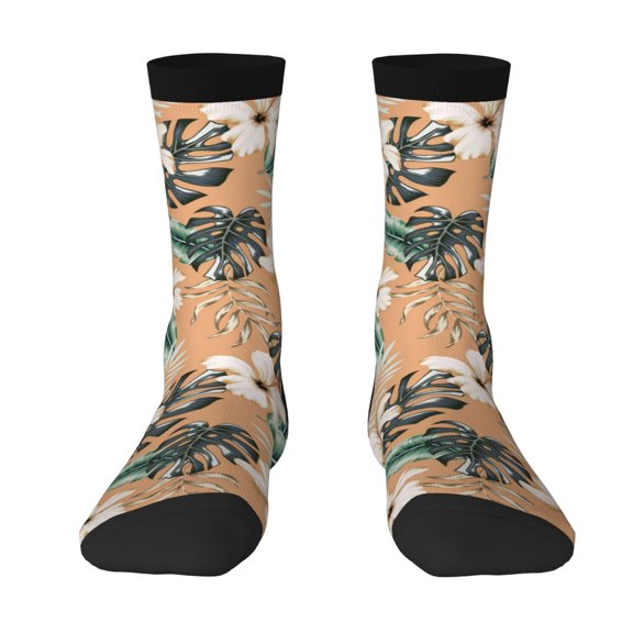 Goofa Tropical Leaves Flower Printed Men's Crew Socks, Soft Durable Breathable Moisture-Wicking with Odor Control Cotton socks